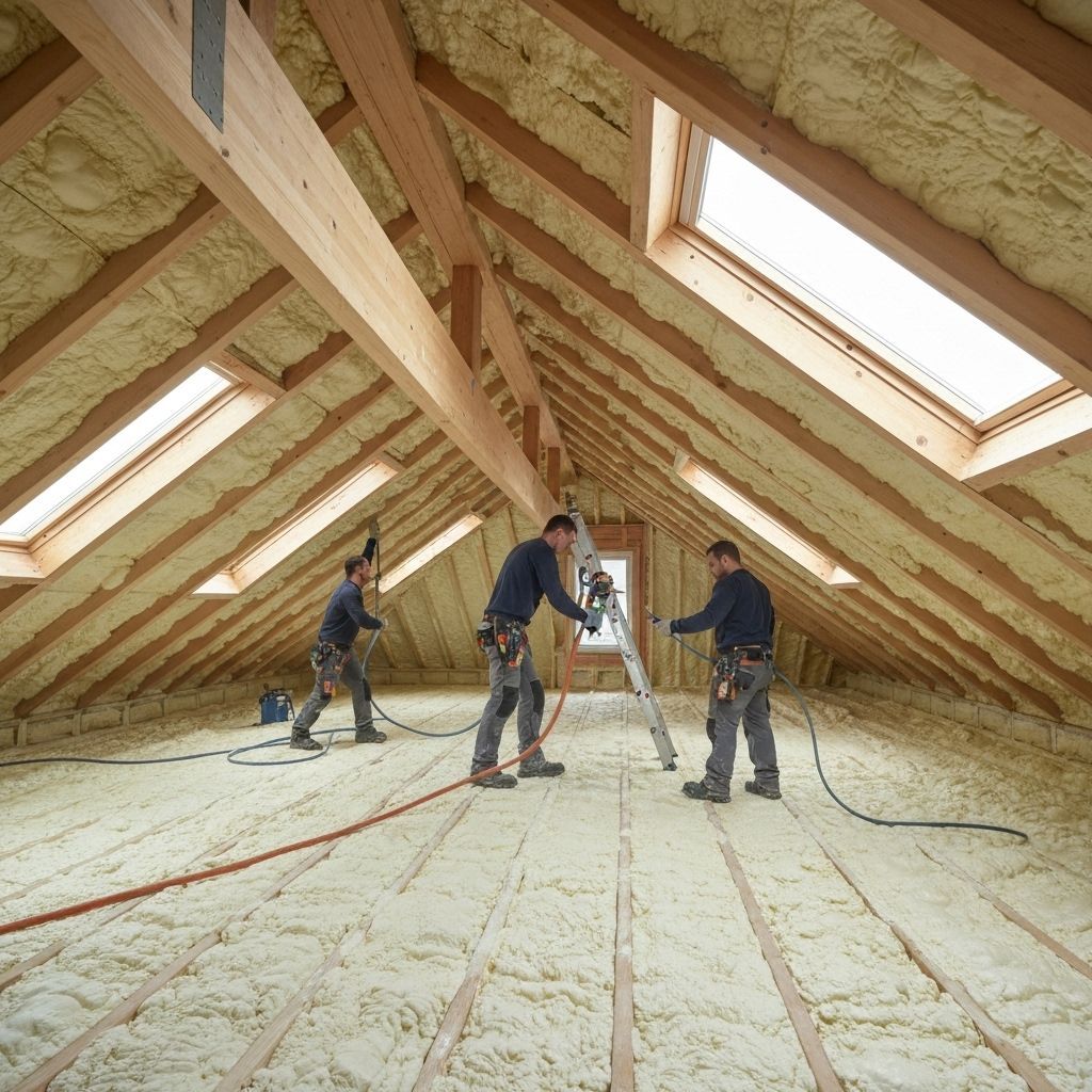 Three workers spray insulation in an attic with skylights.