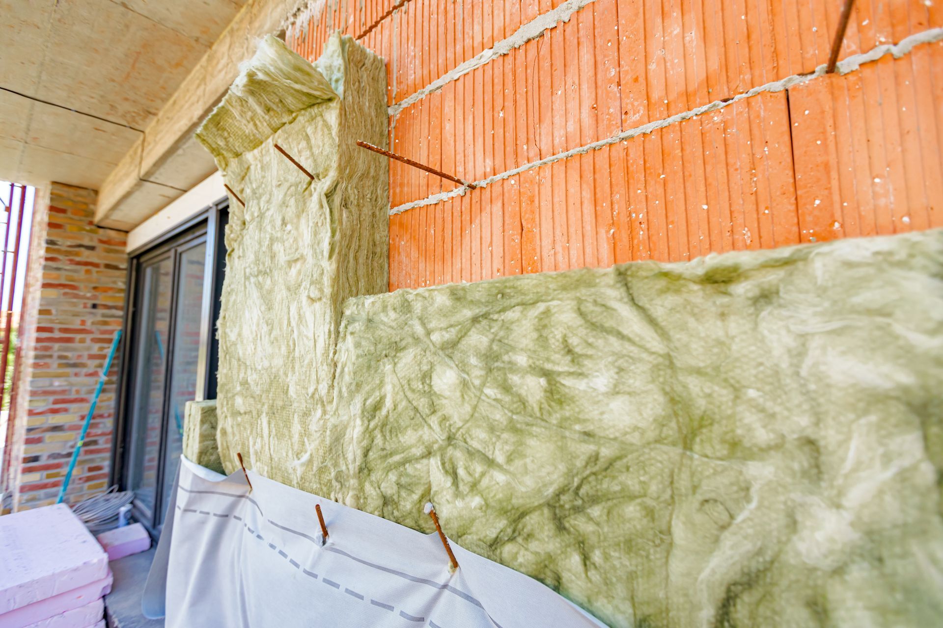 Exterior wall under construction with orange brick, green insulation, and a sliding glass door