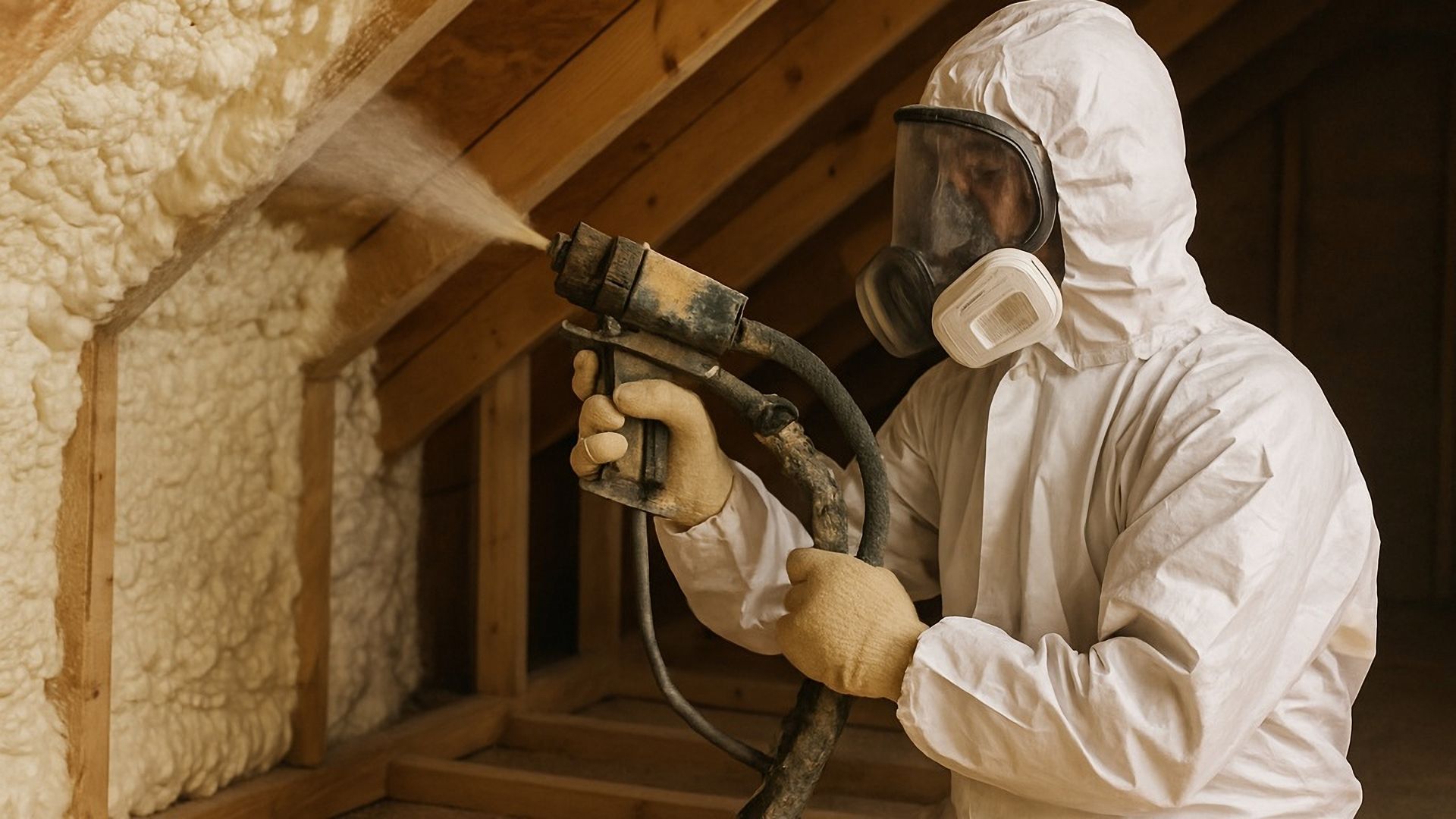 Worker in white protective suit and respirator spraying insulation inside an attic.