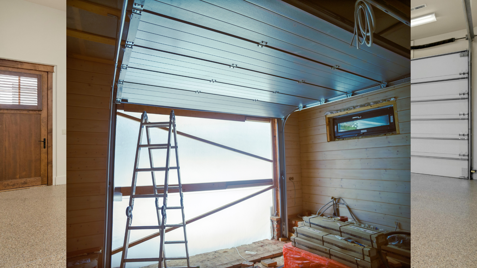 A ladder is sitting in a garage next to a garage door.