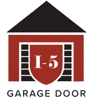 A red garage door with the number 1-5 on it