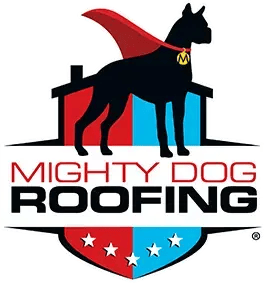 Mighty Dog Roofing logo with black dog silhouette, red cape, and shield emblem in red, white, and blue