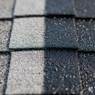 Close-up of asphalt roof shingles, varying shades of gray and black, showing texture and granules.