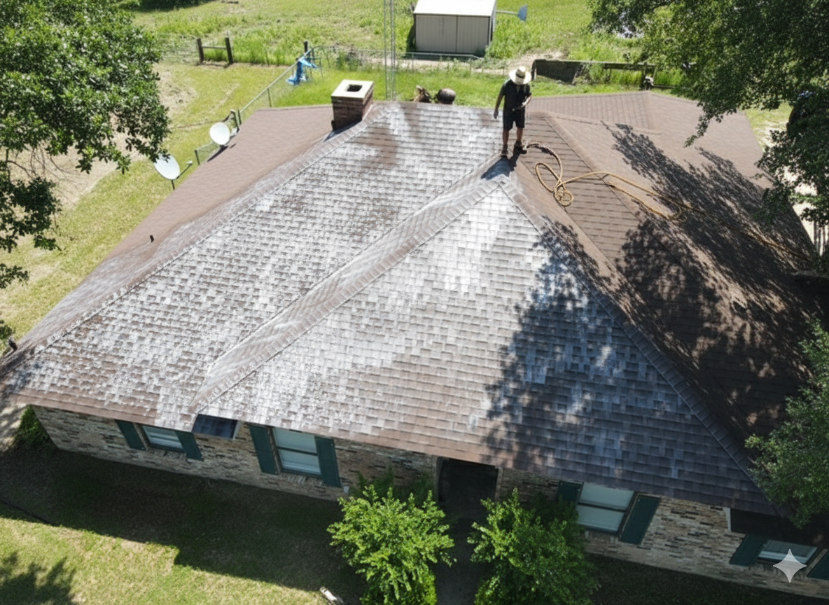 Person on a roof with a pressure washer cleaning. Brown shingle roof. Green yard, white shed, and trees.