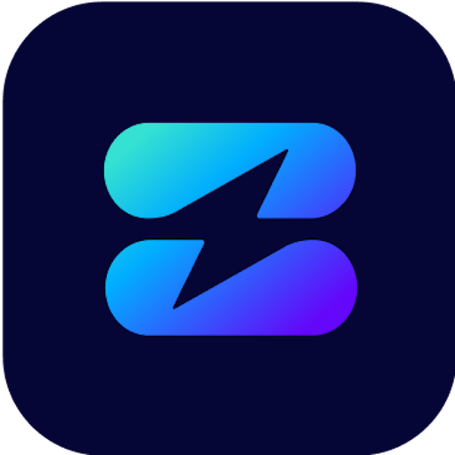 A blue and purple logo with a lightning bolt on it.