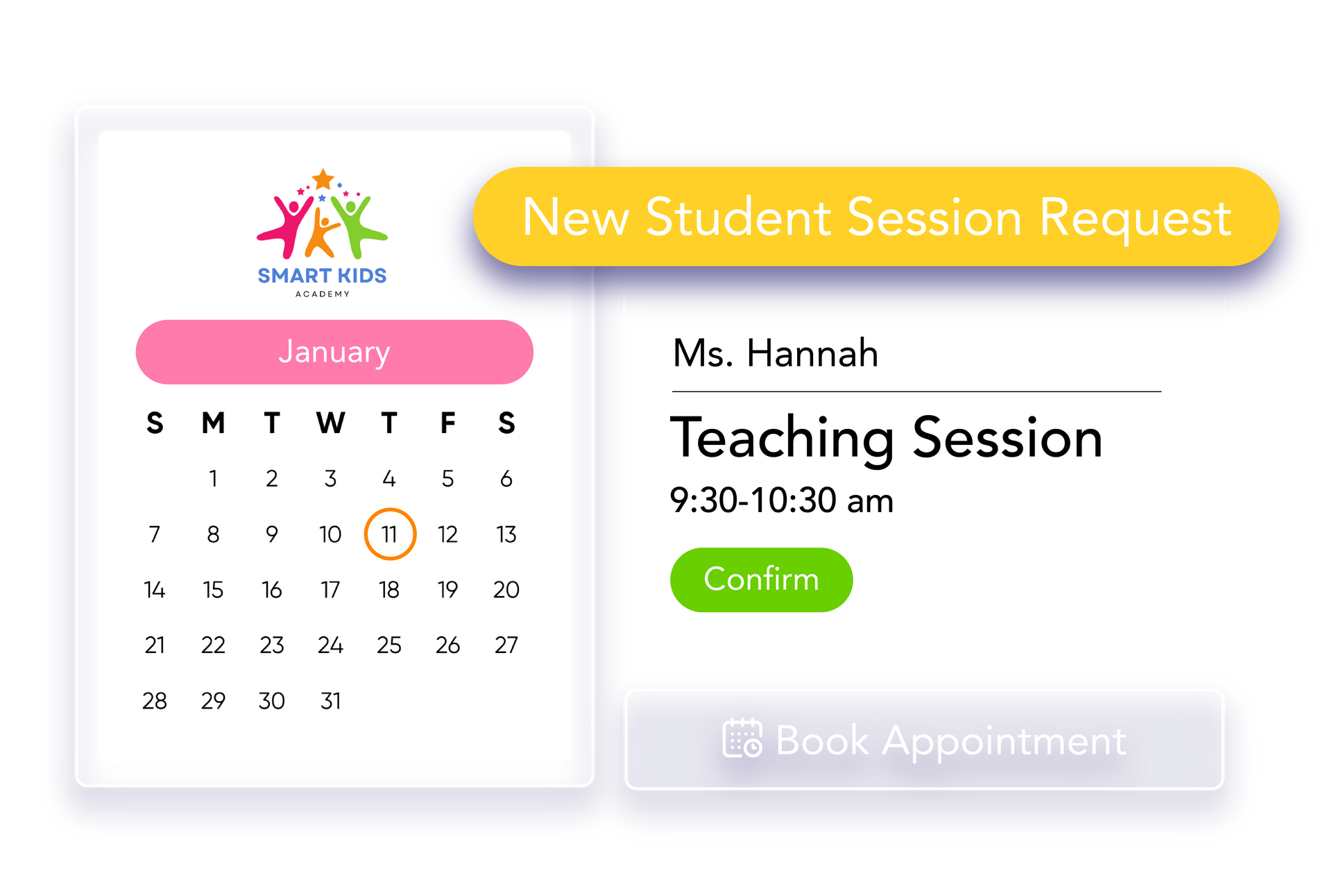A calendar with a button that says `` new student session request '' on it.