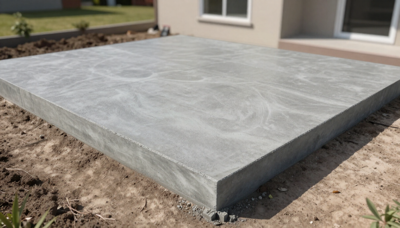 Freshly poured concrete slab on the back patio of a new construction home