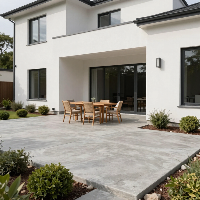 Modern house with outdoor concrete patio with some wooden chairs and dining room table on it
