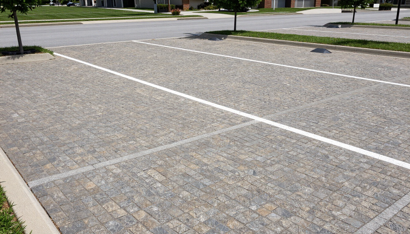 Stamped concrete parking area with clearly marked parking lines
