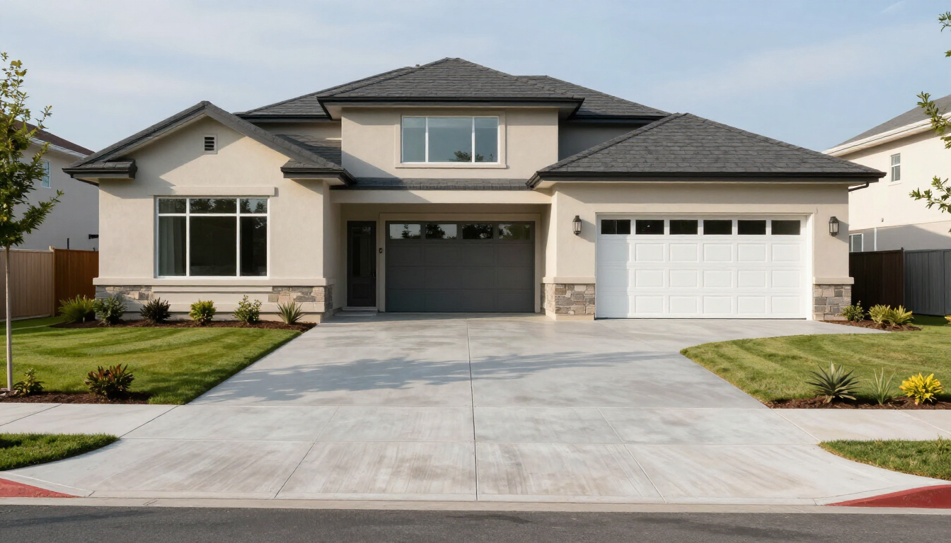 Modern suburban house with a dark gray roof, extended garage, concrete driveway, and some landscaping