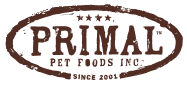 The logo for primal pet foods inc. is brown and white.