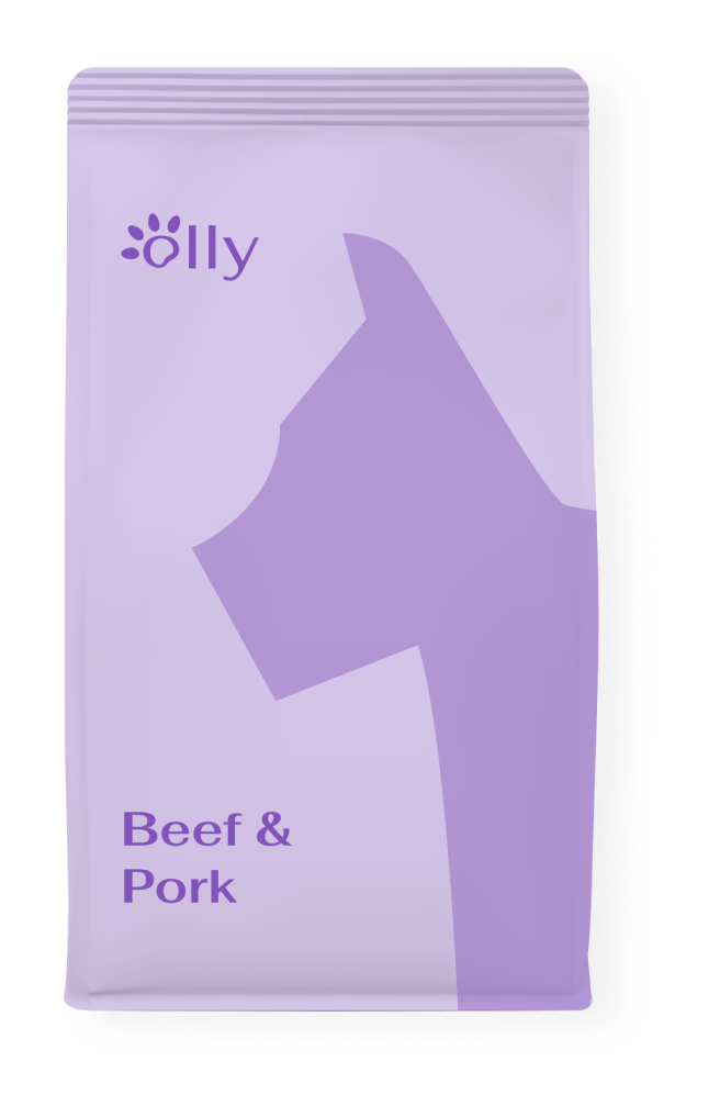 A bag of beef and pork dog food with a silhouette of a dog on it.