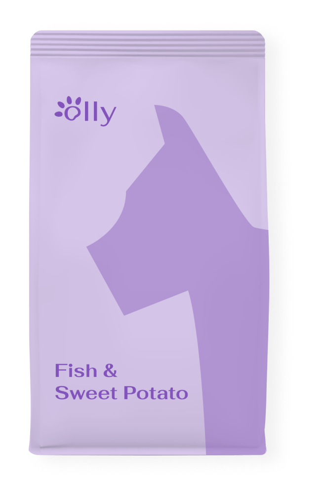 A bag of fish and sweet potato cat food with a silhouette of a cat on it.