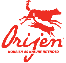 A red logo for orijen that says nourish as nature intended