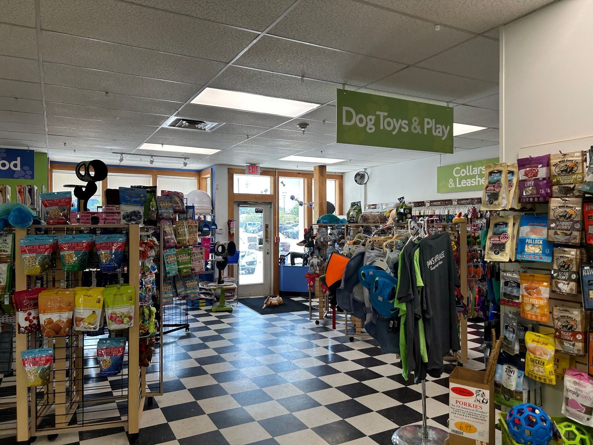 A dog toys and play store with a checkered floor