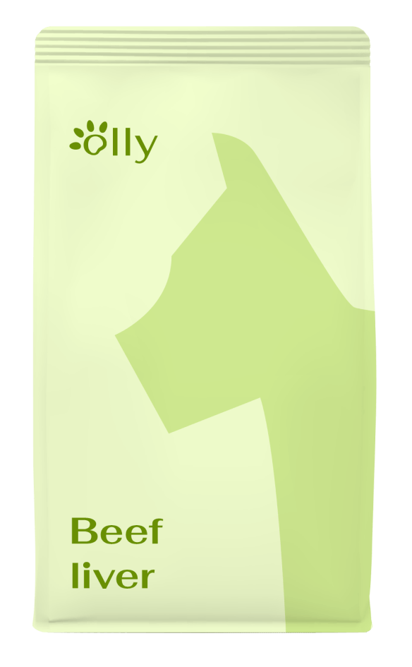 A bag of beef liver dog food with a silhouette of a dog on it.