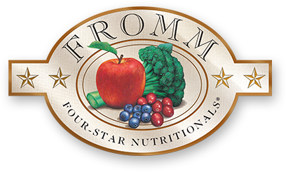 A logo for fromm four star nutritionals with an apple and broccoli