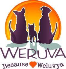 The logo for weruva because weluvya shows two dogs and a cat sitting next to each other.