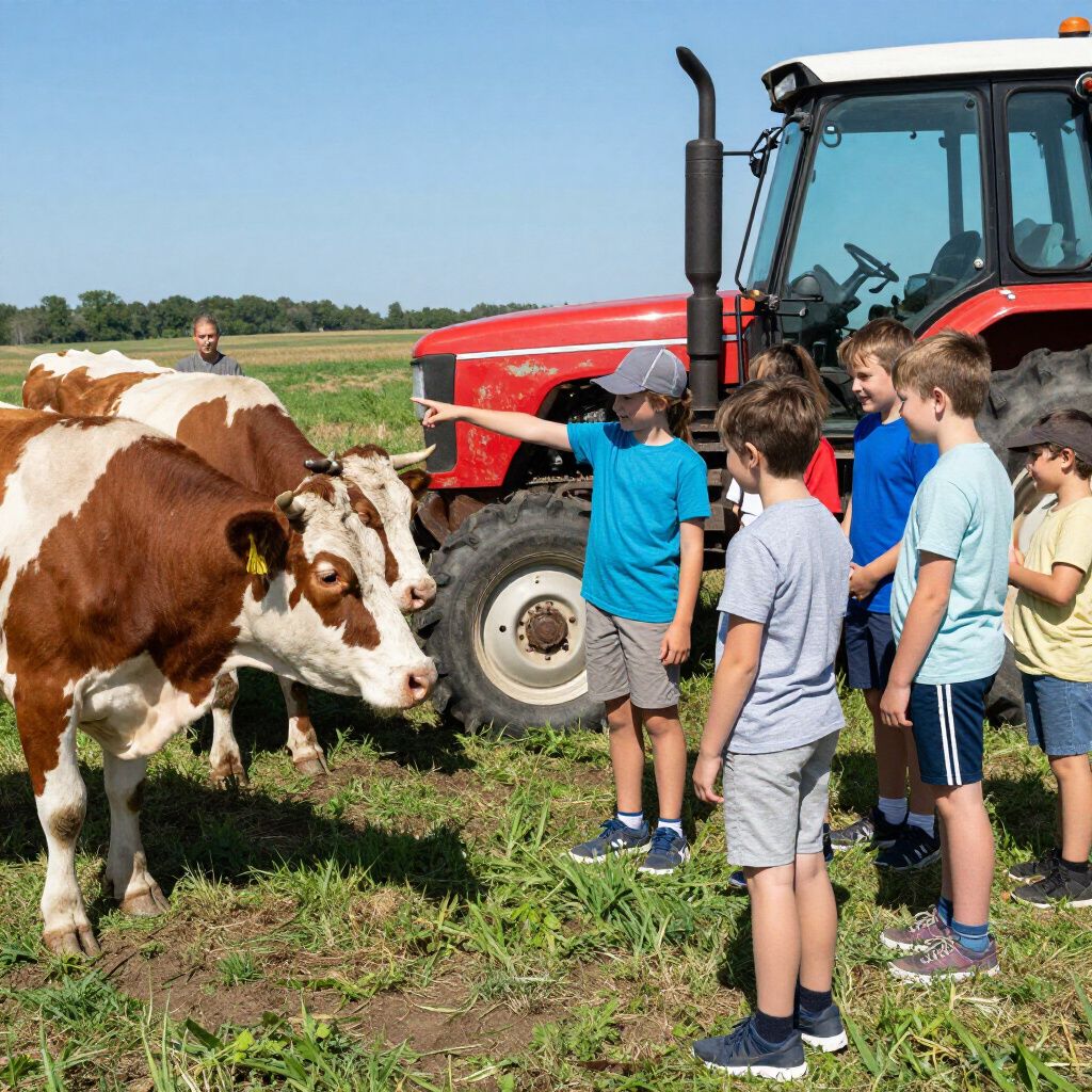 A group of children stand in a field by a red tractor, observing two brown and white cows.