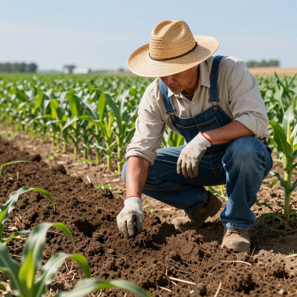 A person wearing a straw hat and denim overalls kneels in a cornfield, inspecting the soil with gloved hands.