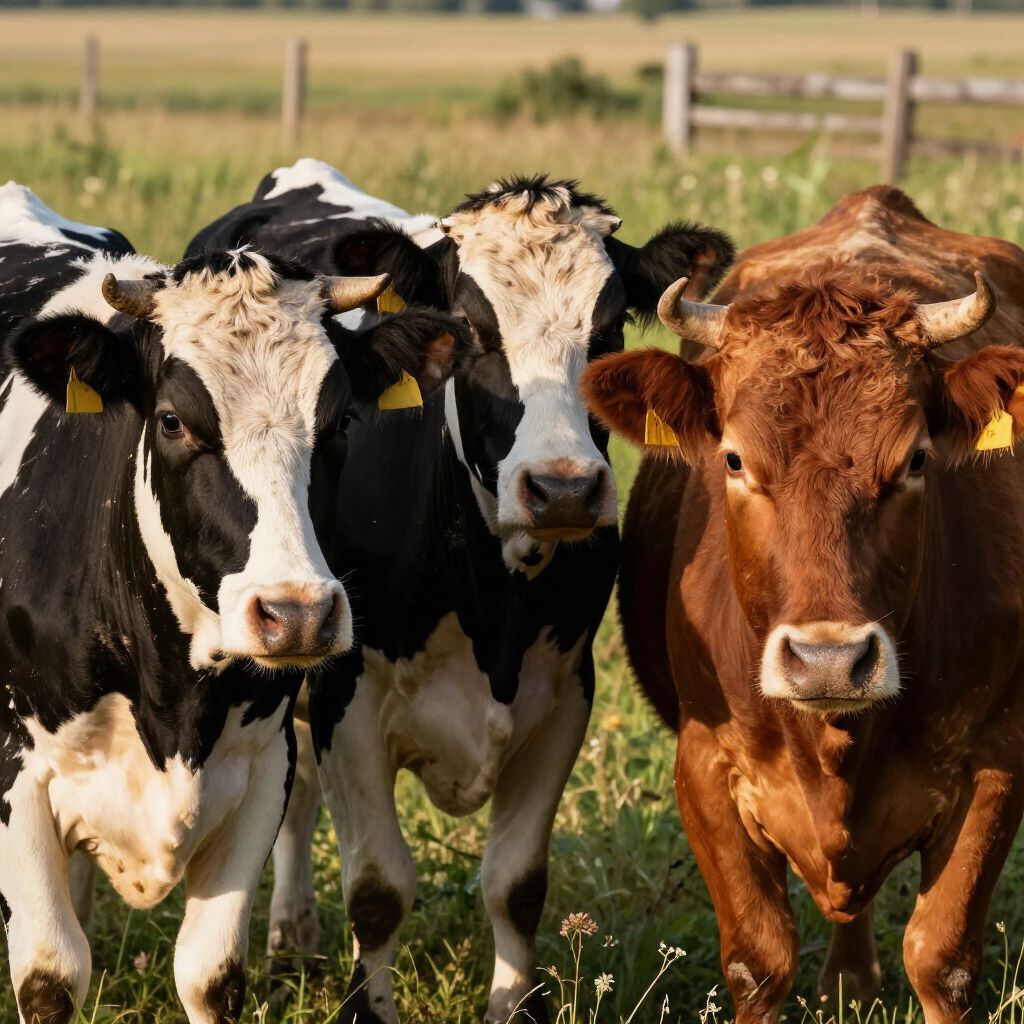 Three cows, two black and white and one brown, stand close together in a green, sunny pasture.