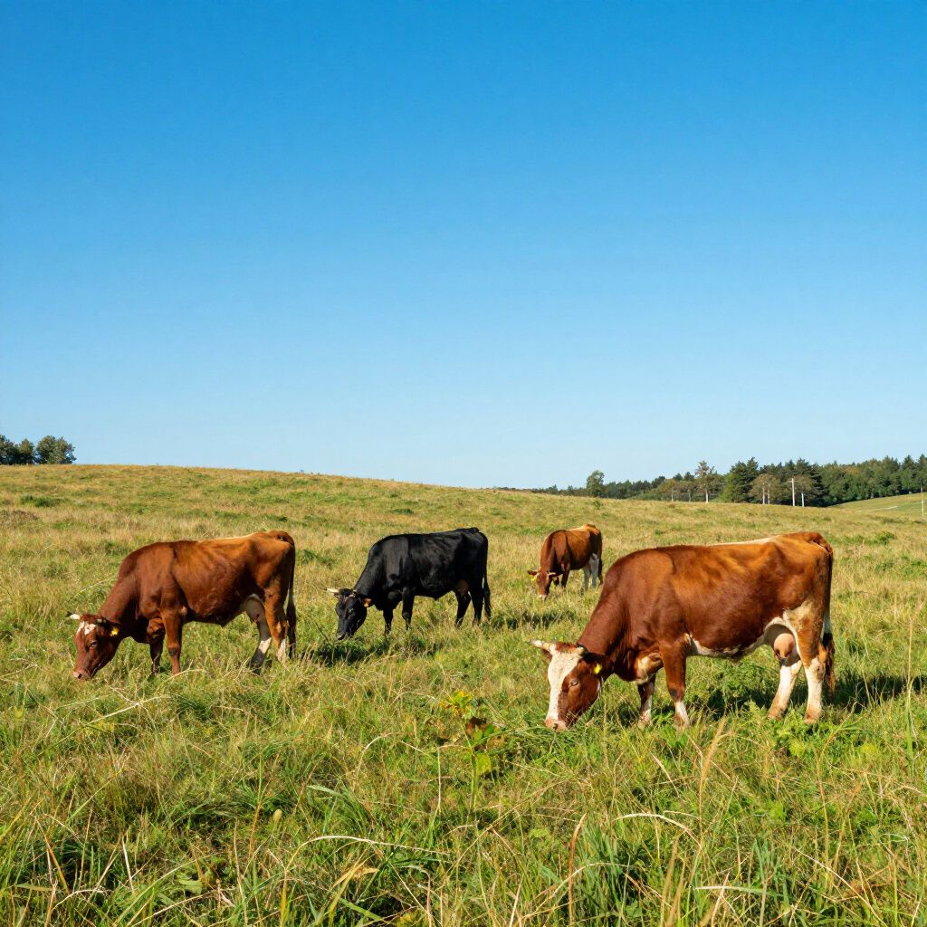 Four cows graze in a sunny, grassy field under a clear blue sky.