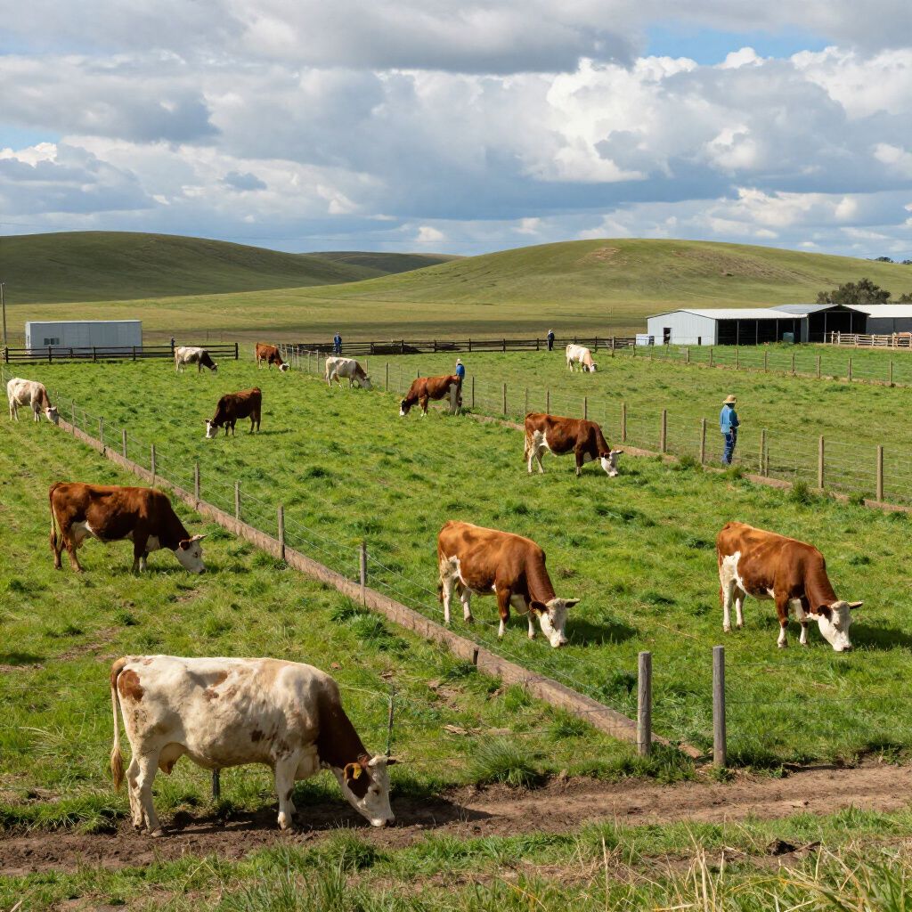 A herd of brown and white cows graze in a lush, fenced-in pasture with rolling green hills and a farm building nearby.