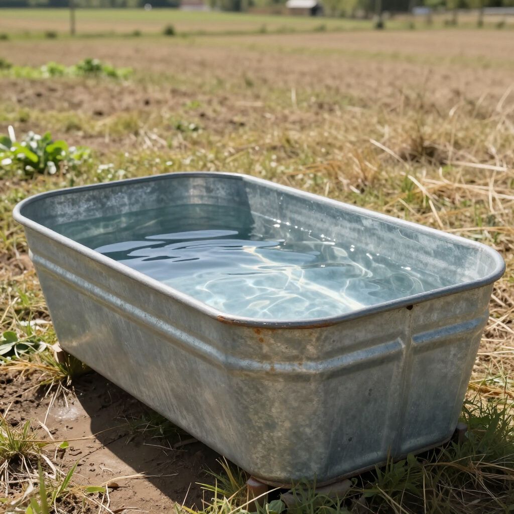 A galvanized steel stock tank filled with water, sitting on the ground in a grassy field.