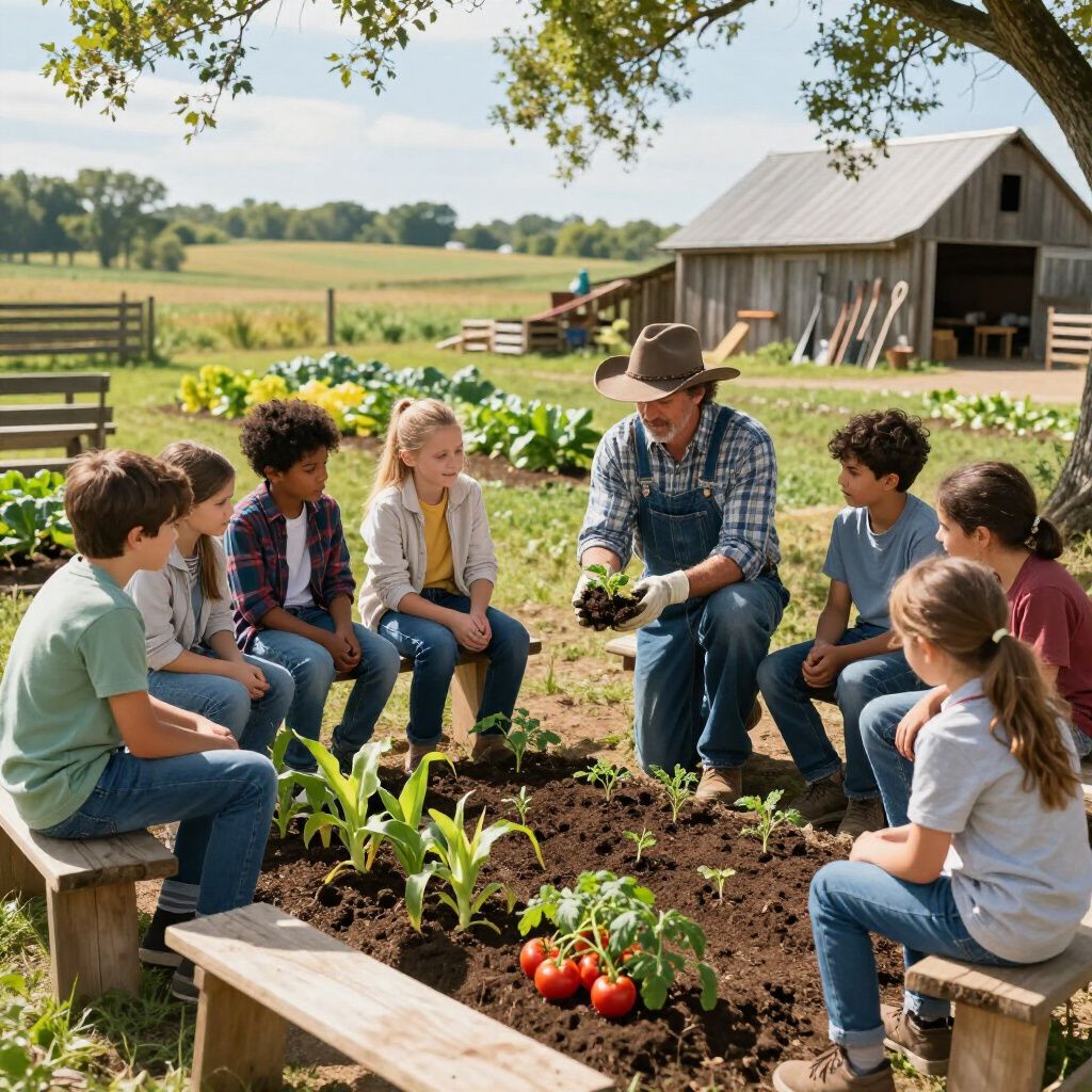 A farmer in a hat kneels in a garden, showing a small plant to a group of children sitting on benches outdoors.