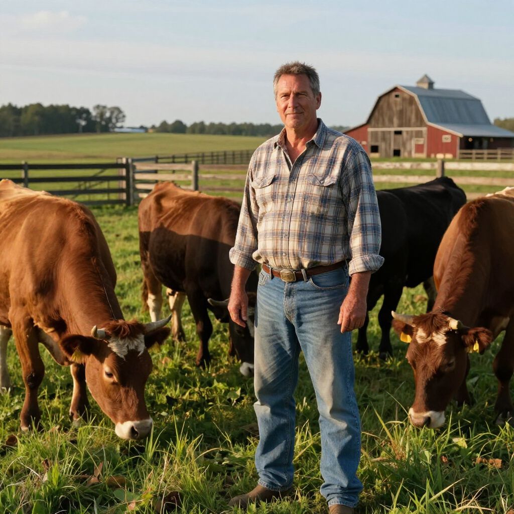 A person stands in a pasture with three cows, a red barn in the background, under a bright sky.