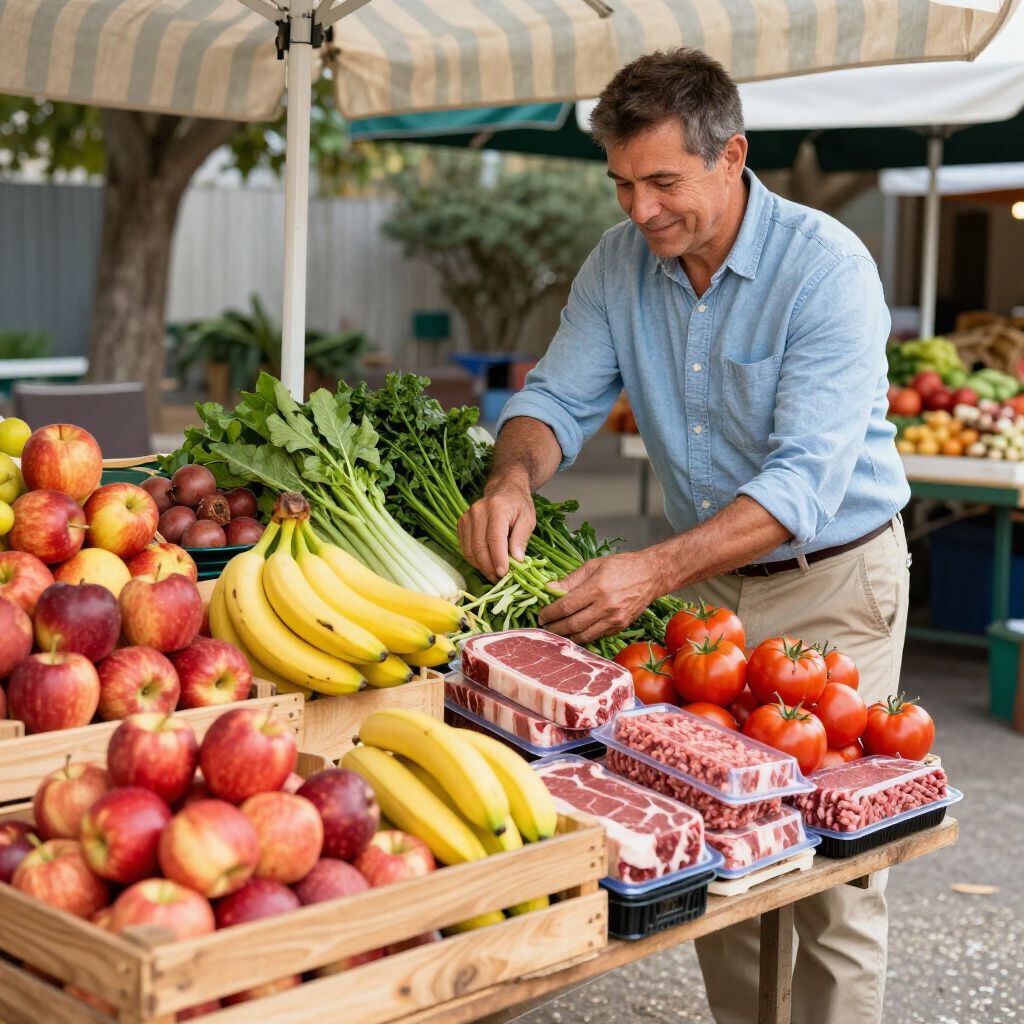 A person selects fresh greens at a market stall filled with produce and packages of raw meat.