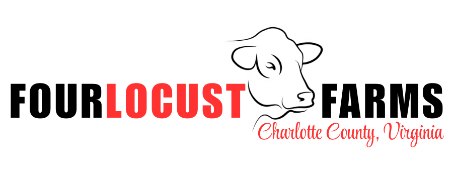 Logo for Four Locust Farms featuring a cow outline and text indicating its location in Charlotte County, Virginia.