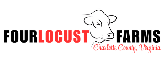 Logo for Four Locust Farms featuring a cow outline and text indicating its location in Charlotte County, Virginia.