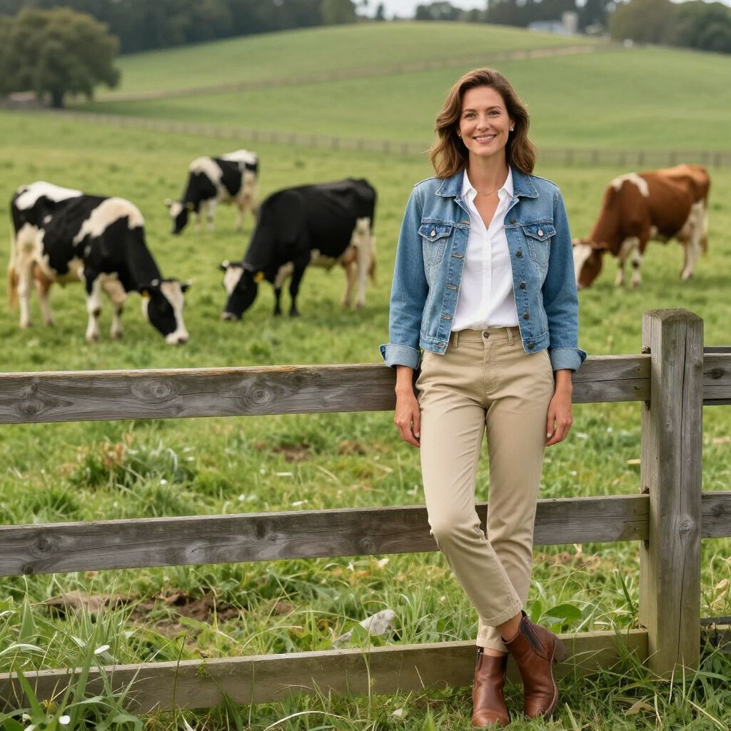 A person leans against a wooden fence in a pasture with several cows grazing in the background on a grassy hillside.