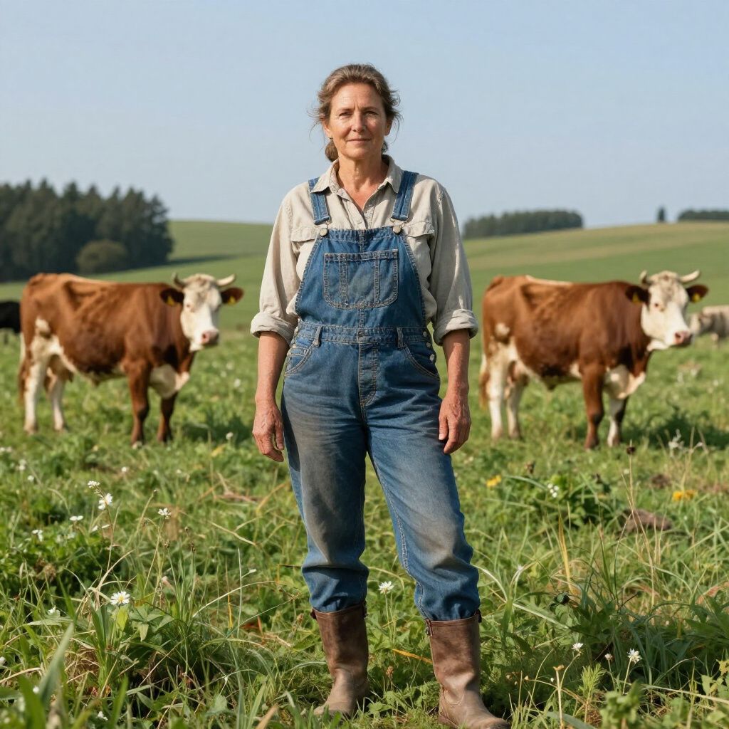 A farmer stands in a grassy field wearing denim overalls and boots, flanked by two brown and white cows.