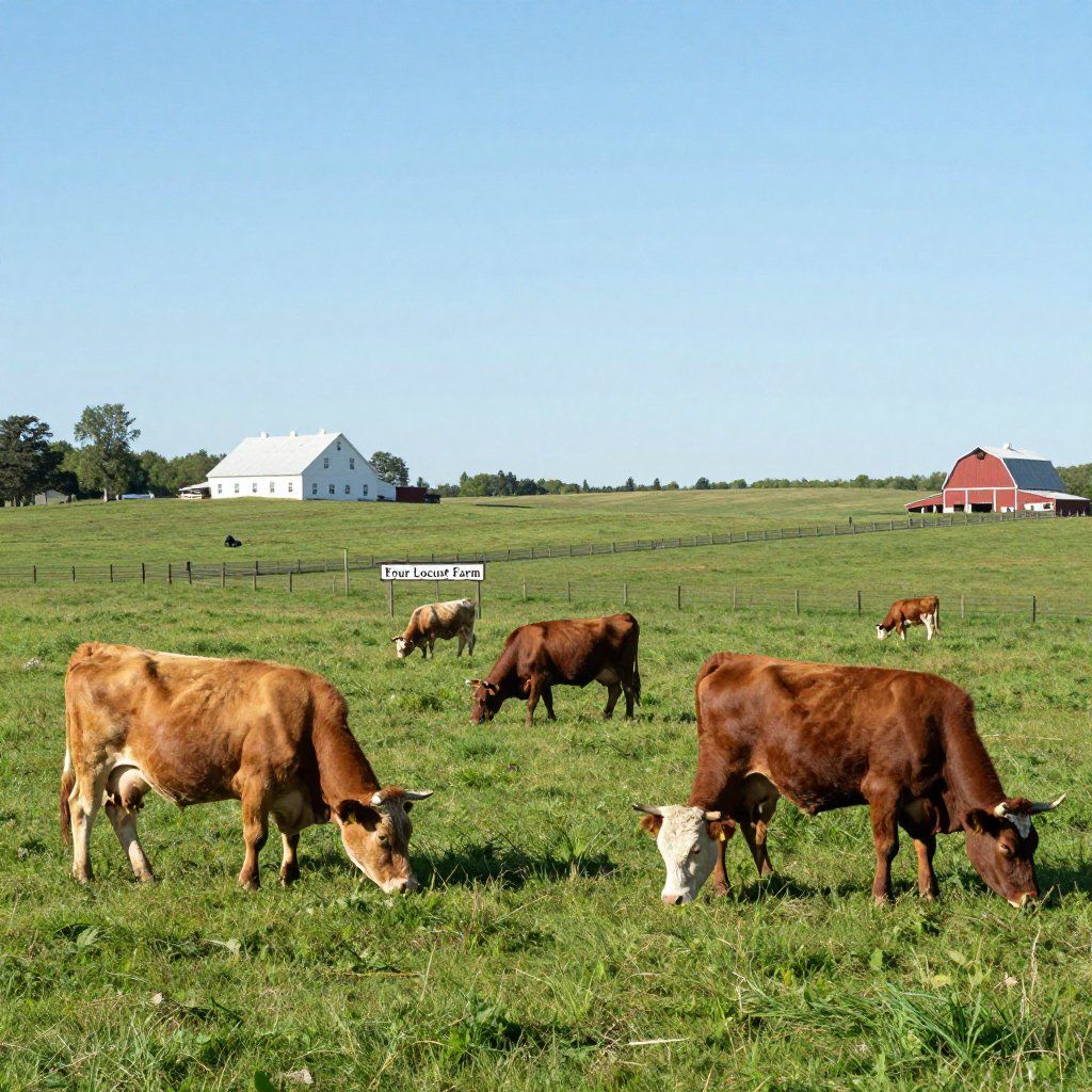 Several brown cows graze in a grassy field with a white farmhouse and red barn in the background under a blue sky.