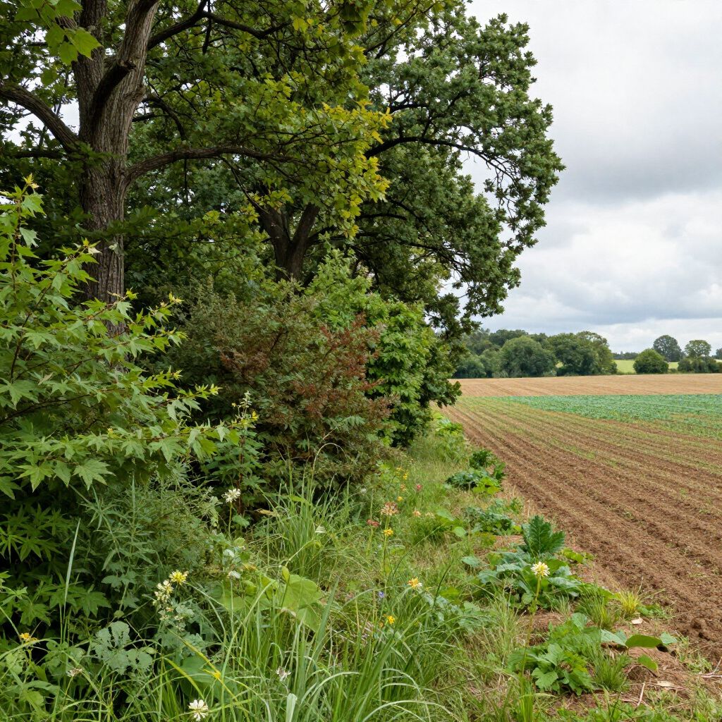 A tree line borders a tilled farm field under a cloudy sky.