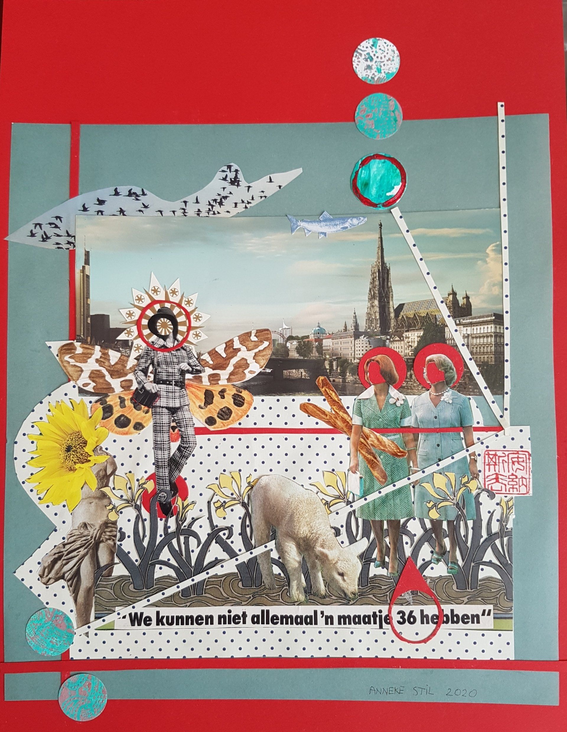Collage: vrouw met vleugels, stadsgezicht, schapen, bloemen, rode achtergrond, tekst