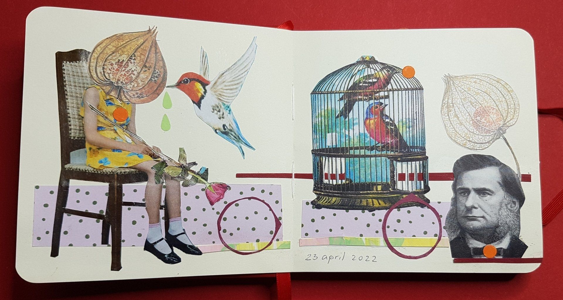 Collage: een persoon met een nootvormig hoofd, een vogel, een kooi en een portret, tegen een rode achtergrond.