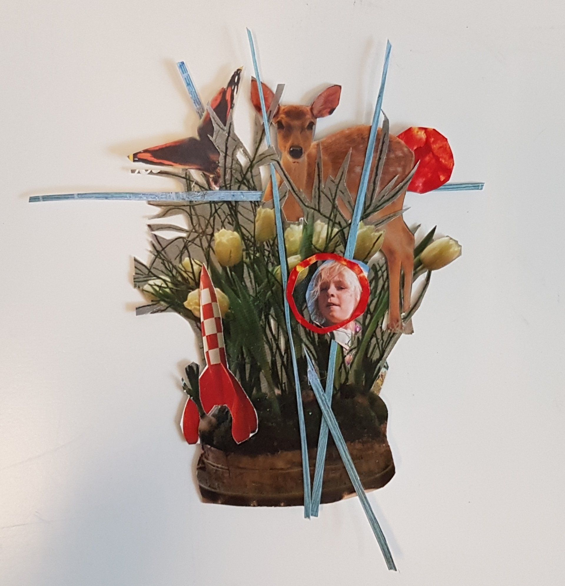Collage: Hert, vos, tulpen, raket, gezicht in een cirkel, op een donkere ondergrond met blauwe lijnen op een witte achtergrond.