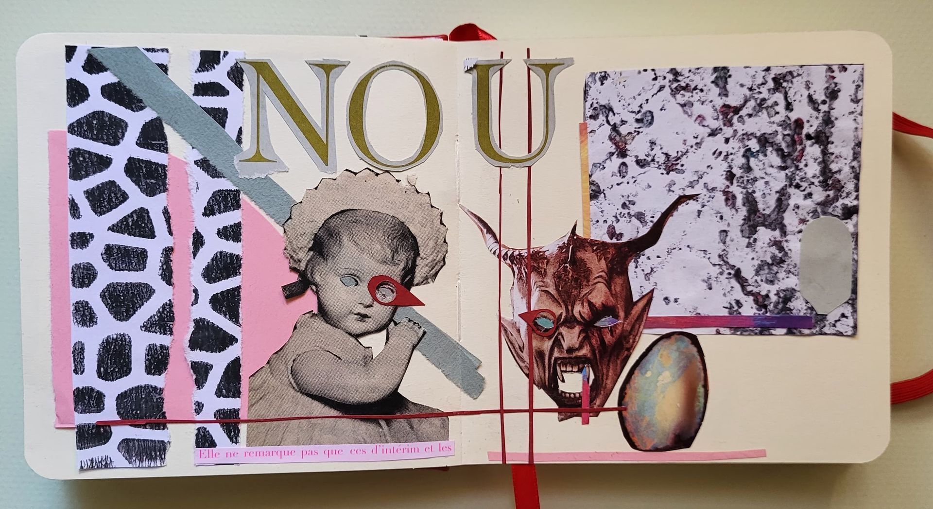 Collage: baby, duivelsmasker, ei, tekst