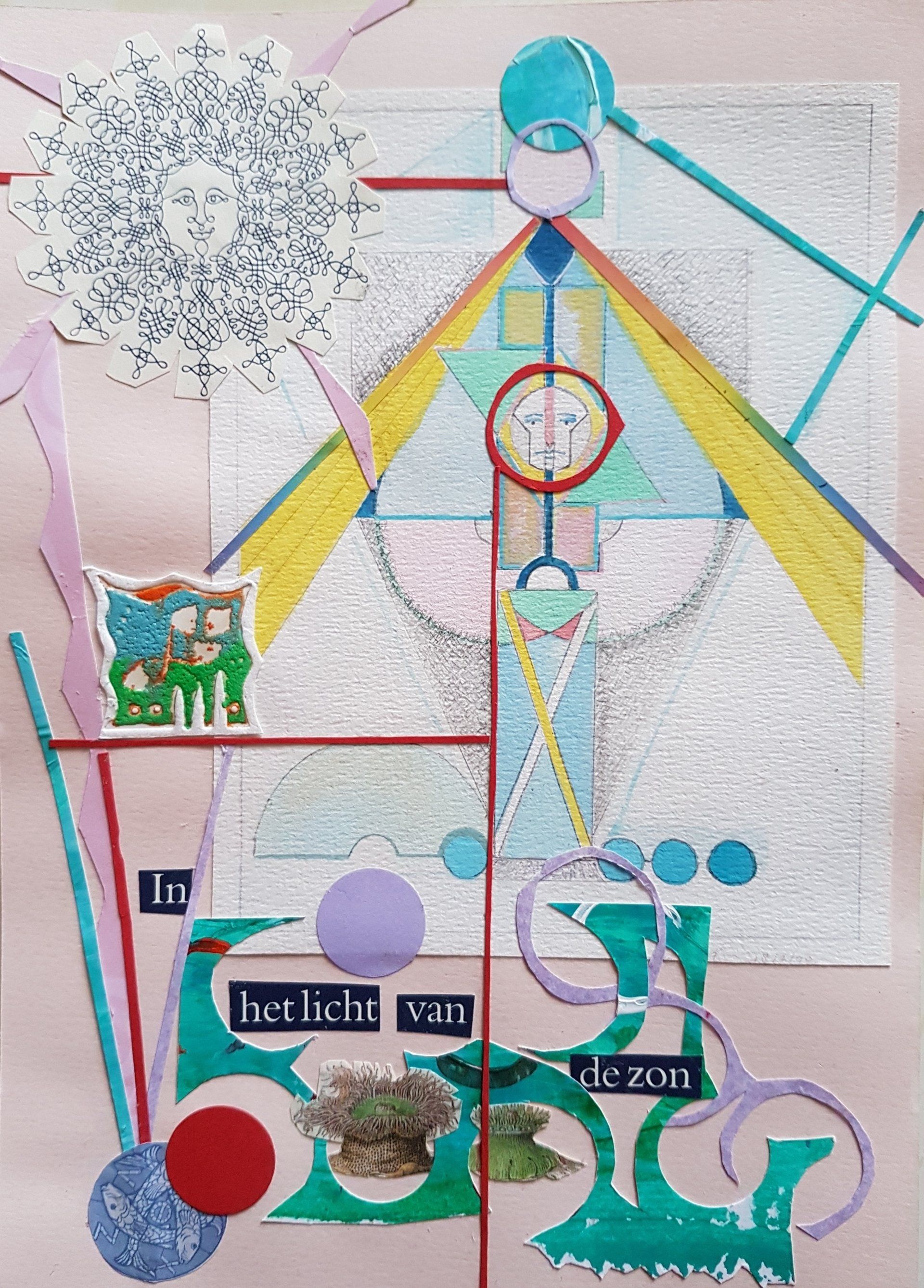 Abstracte collage van gemengde technieken met geometrische vormen, tekst en planten op een roze achtergrond.