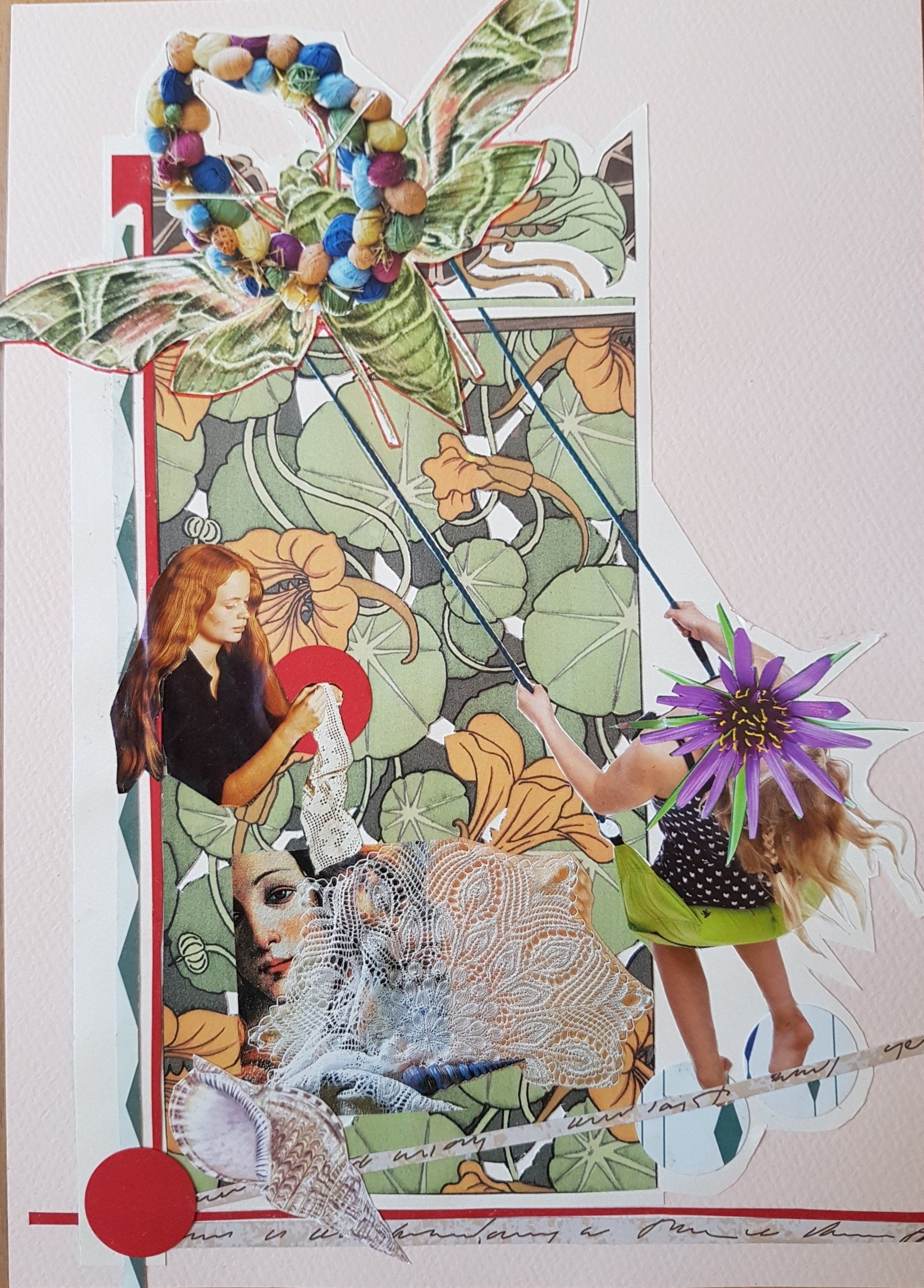 Collage: Een vrouw schommelt bij een bloem. Een andere vrouw houdt een rode cirkel vast. Decoratieve achtergrond.