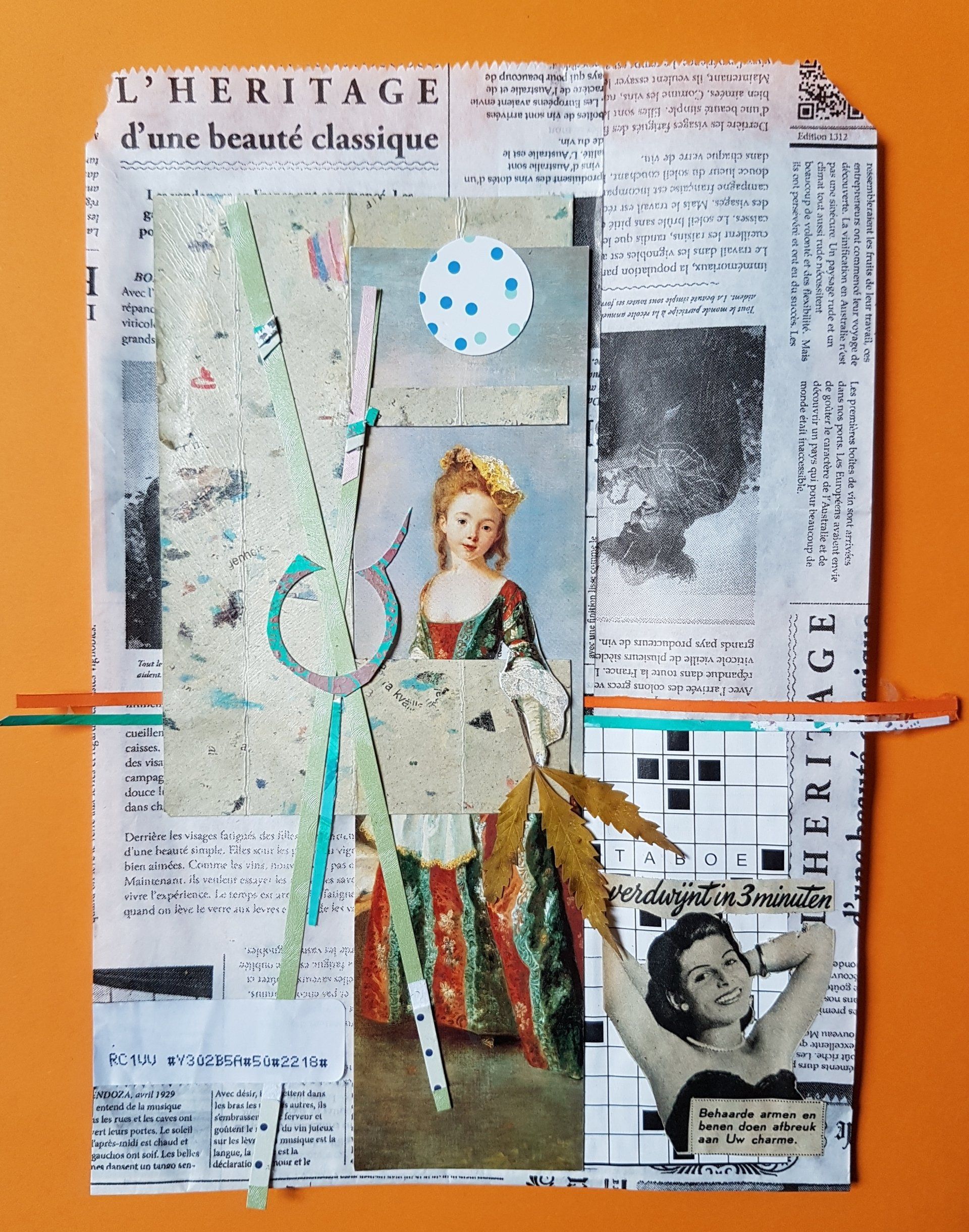 Collage met een vrouw in historische kleding, een blad en een krant op een oranje achtergrond. Turquoise en oranje lijnen eroverheen.