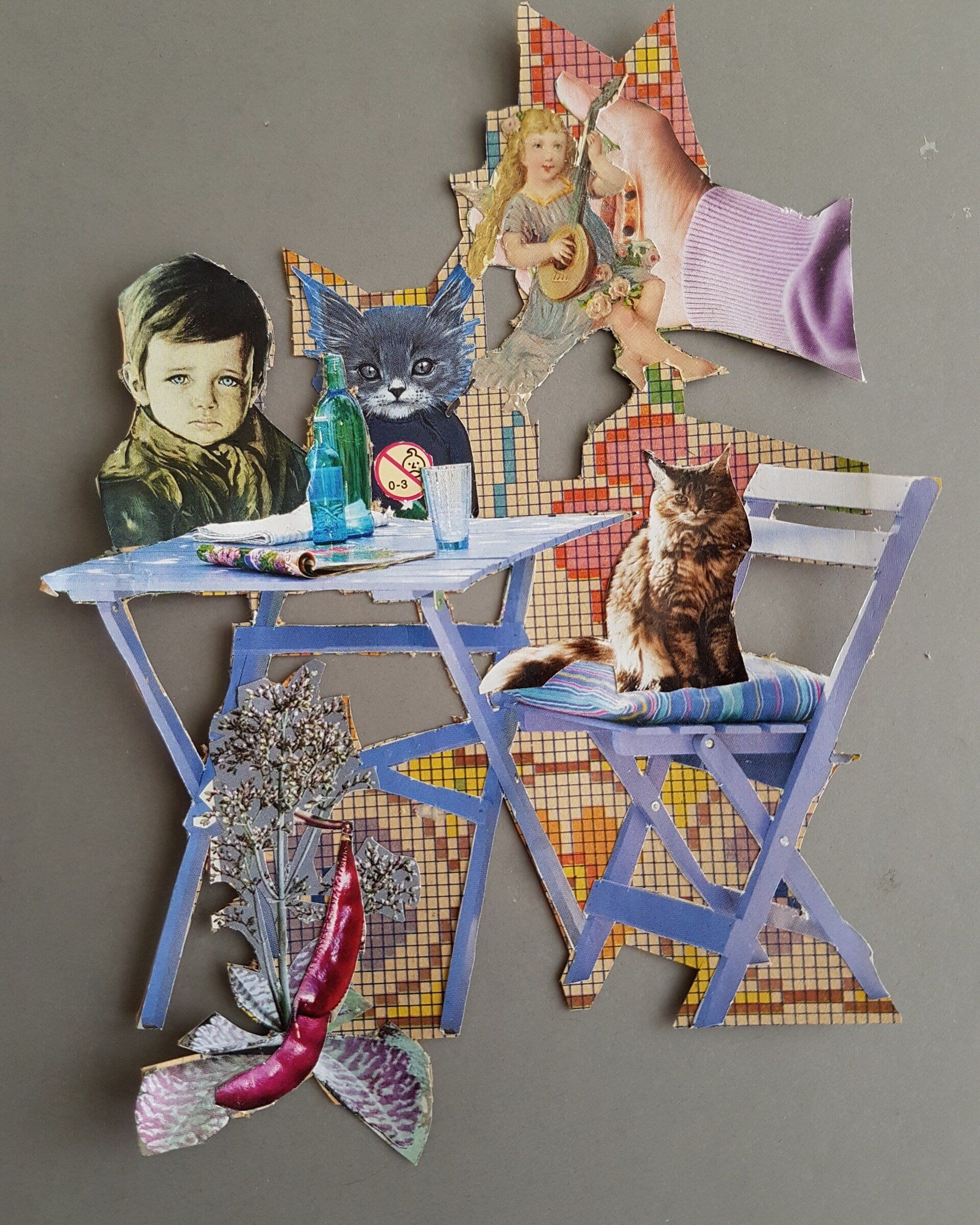 Collage: Jongen, kat en figuren aan een tafel met flessen en voorwerpen op een kleurrijke achtergrond.