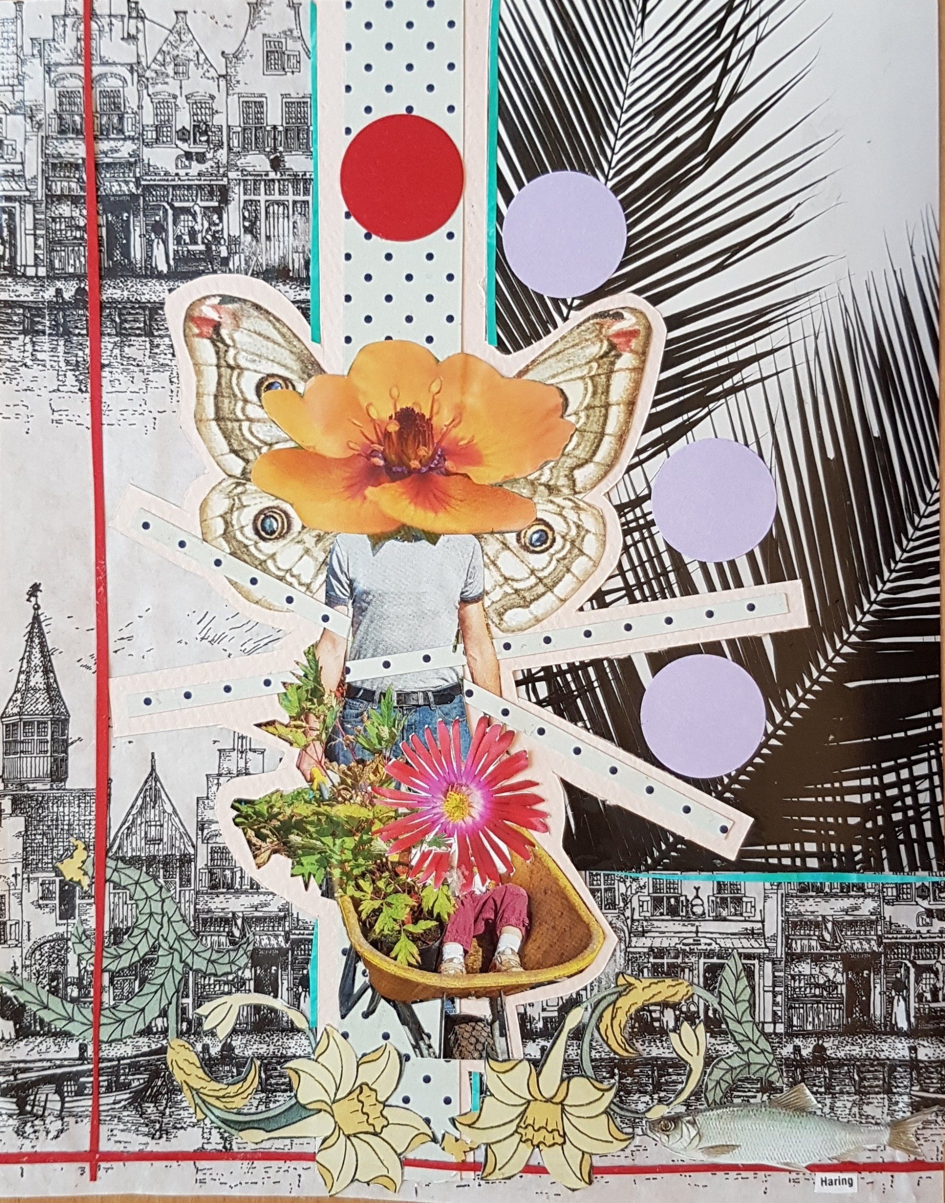Collage met een figuur met een bloem in zijn hoofd, vlindervleugels en een kruiwagen vol bloemen. Rode/paarse stippen. Zwart-witte stadsachtergrond.