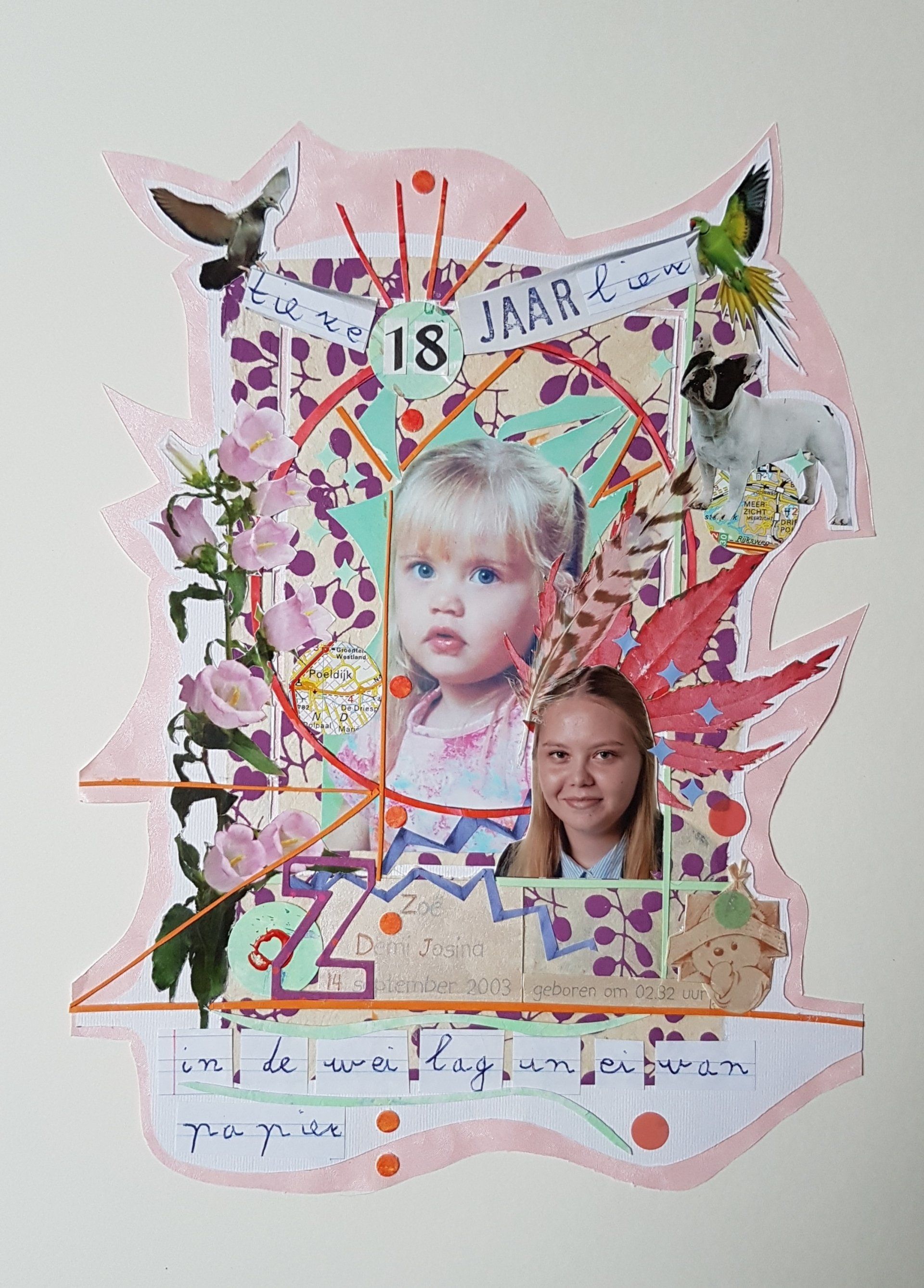 Collage met twee kinderfoto's, bloemen en geometrische vormen, een kolibrie en een papegaai.