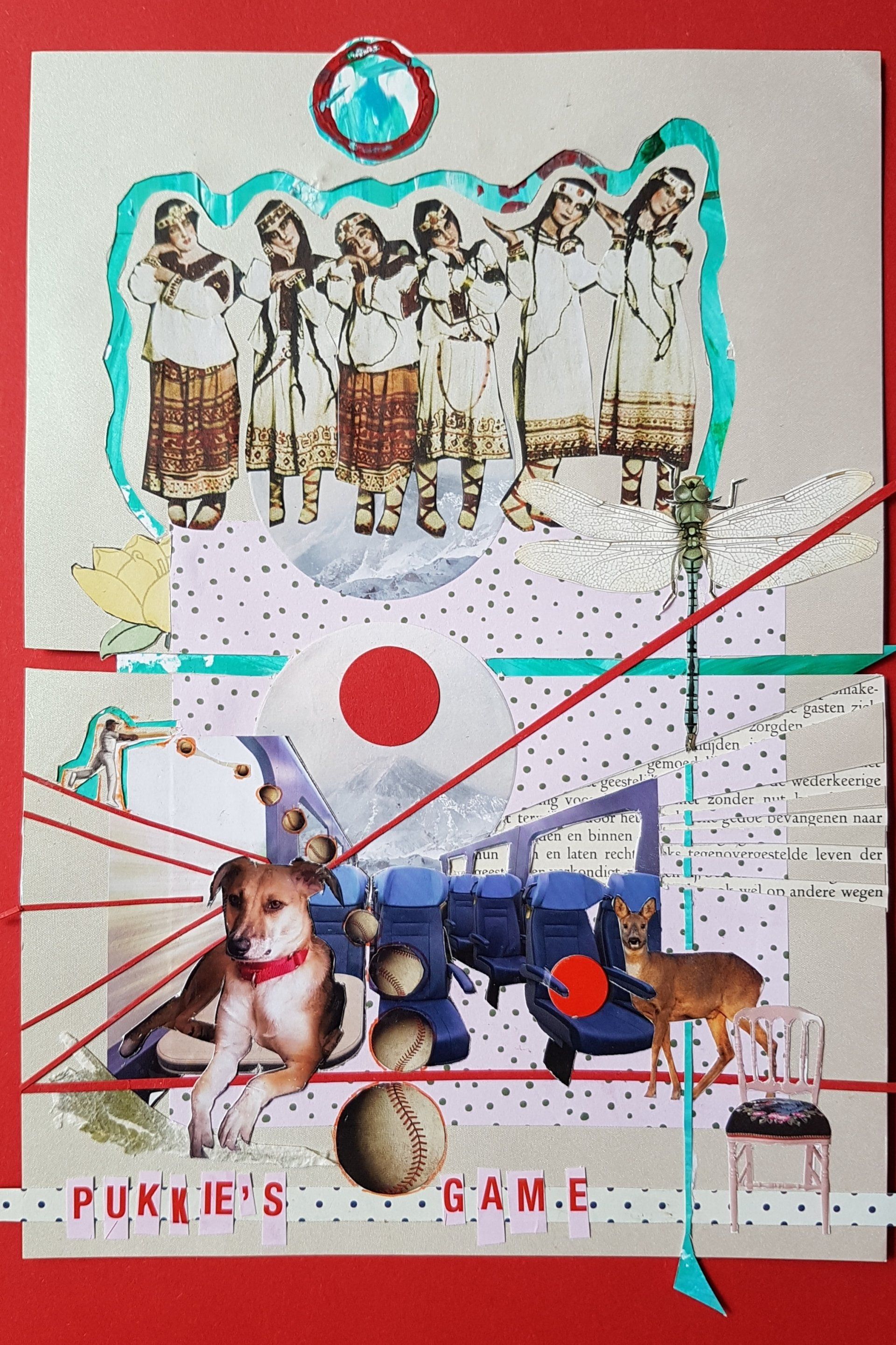 Collage met vintage foto, hond, hert, rode draden, tekst