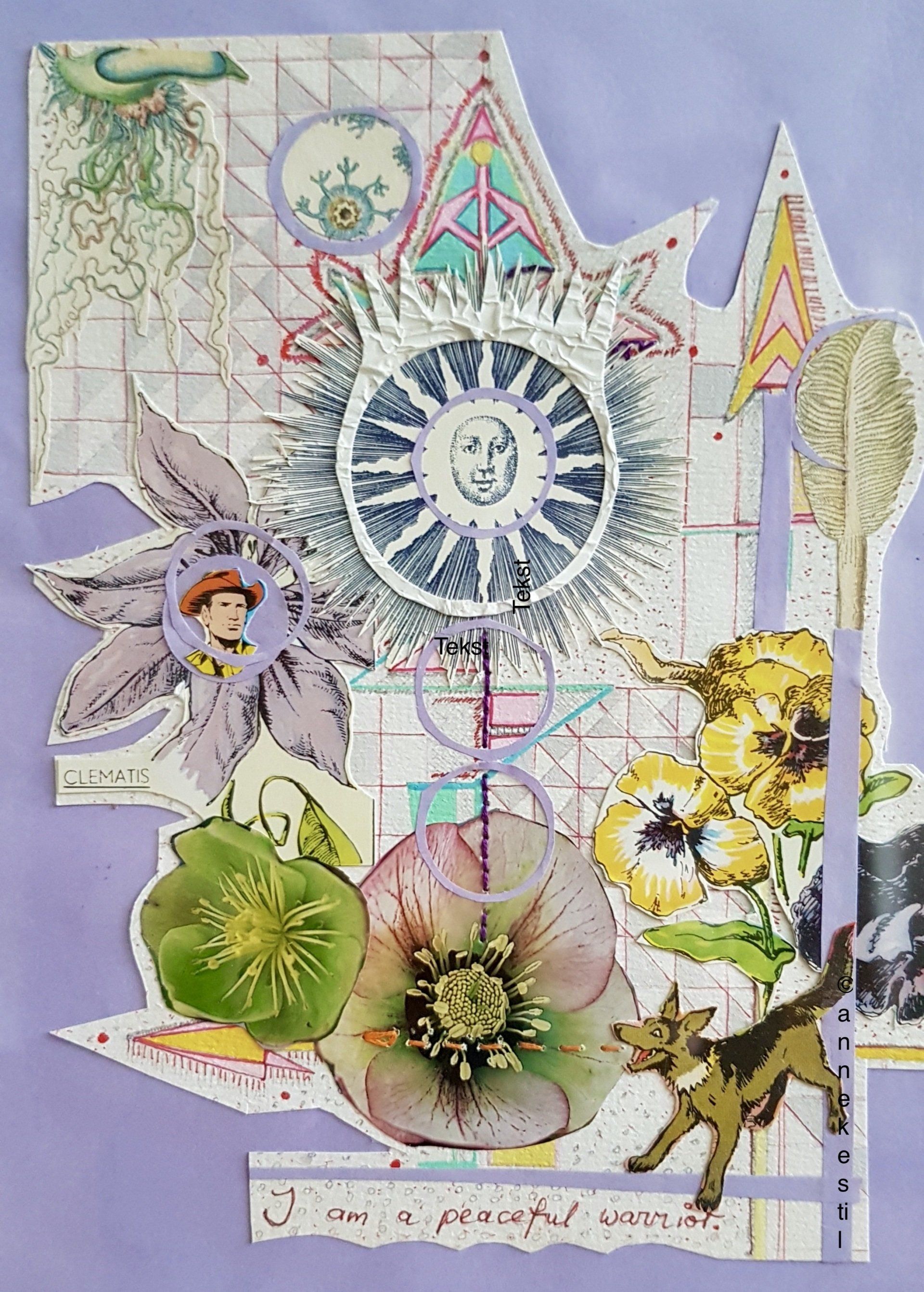 Collage met florale en geometrische elementen, met een zon, bloemen, een hond en een menselijke figuur. Pastelkleuren.