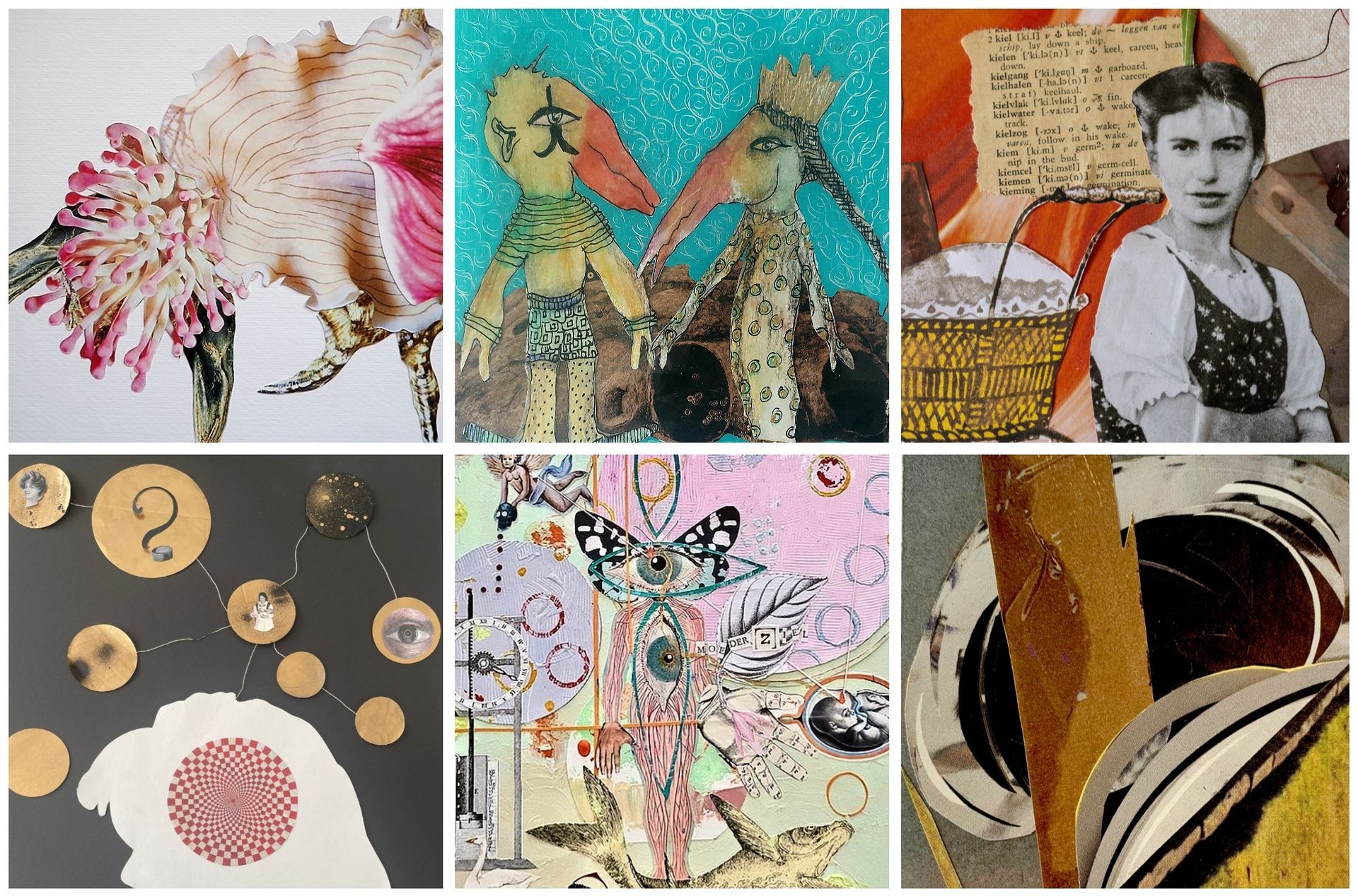 Zes collages met uiteenlopende onderwerpen en stijlen, waaronder schelpen, poppen, mensen en abstracte ontwerpen.